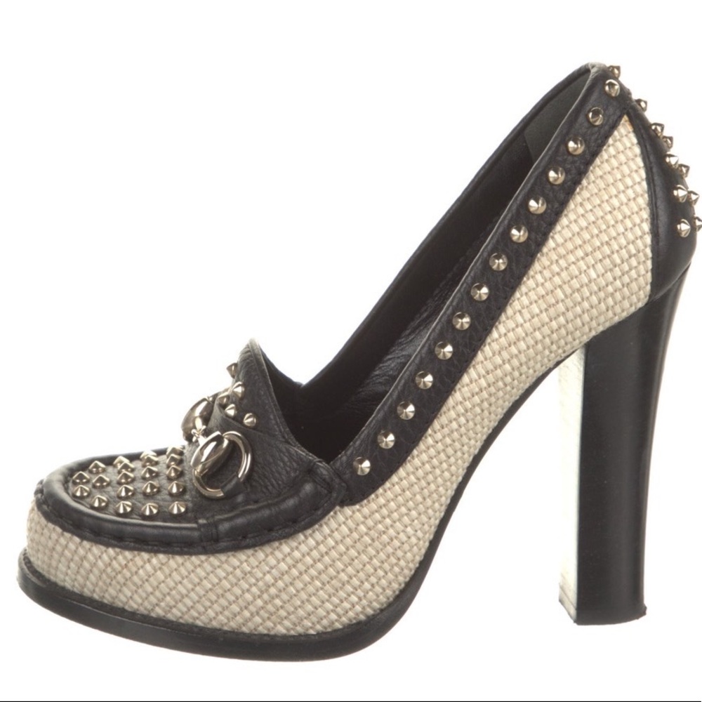 Gucci Horsebit Accent Leather Canvas Pumps 36